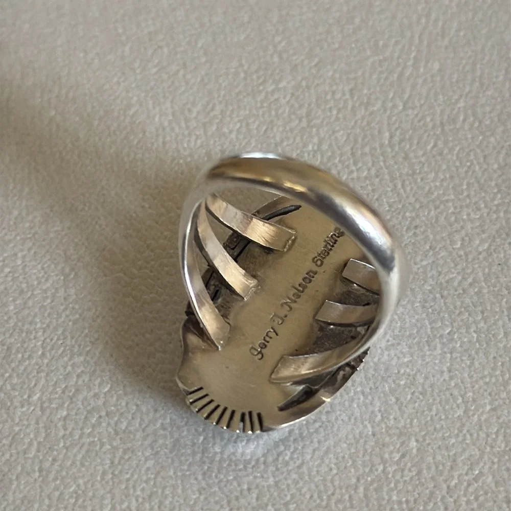 Navajo Handmade vintage Silver and Turquoise Inlay Ring size 9 - Picture 6 of 14